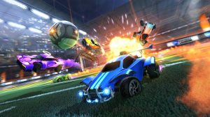Image of two Rocket League cars racing to hit the soccer ball.